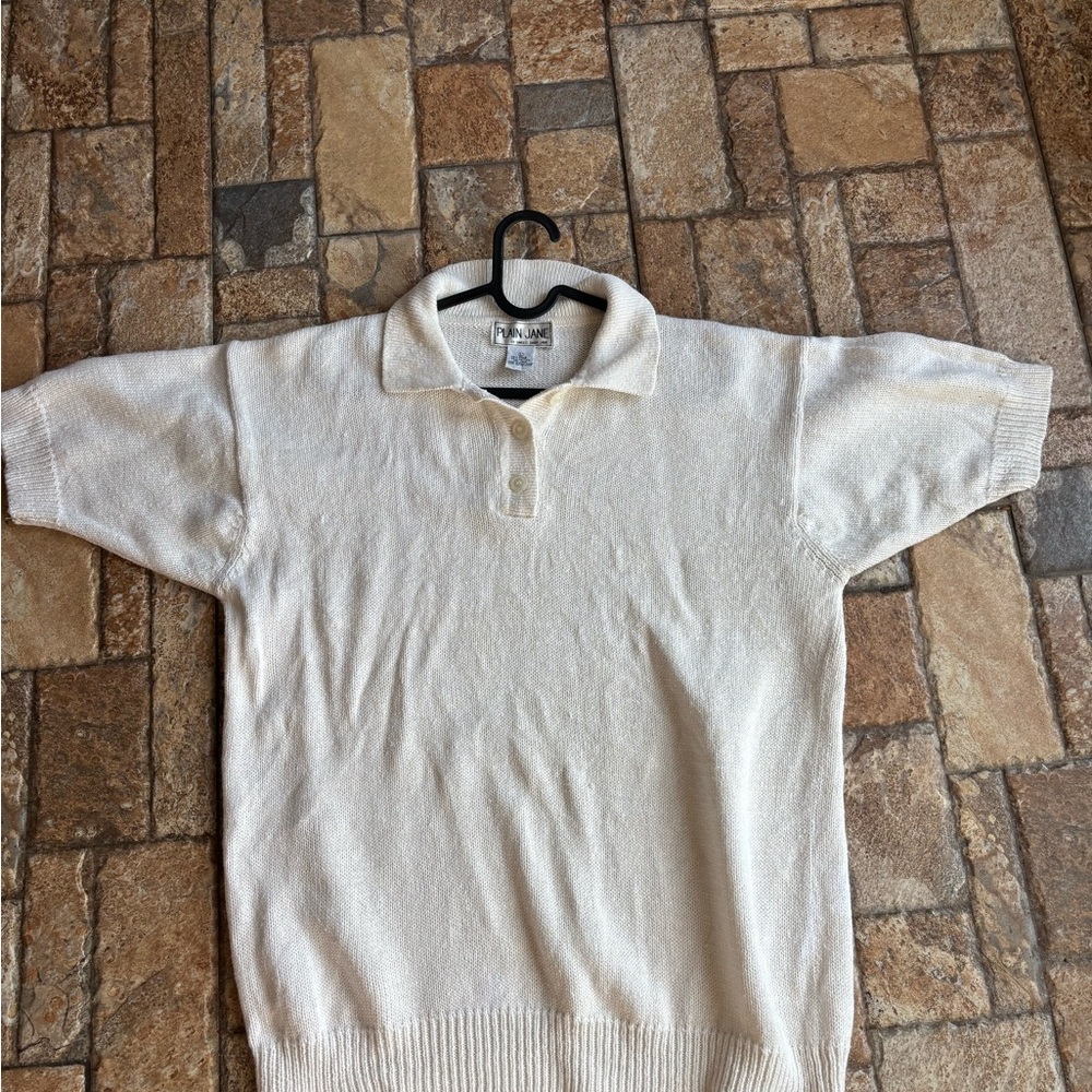 Vintage Plain Jane Cream Polo Short Sleeve Sweater